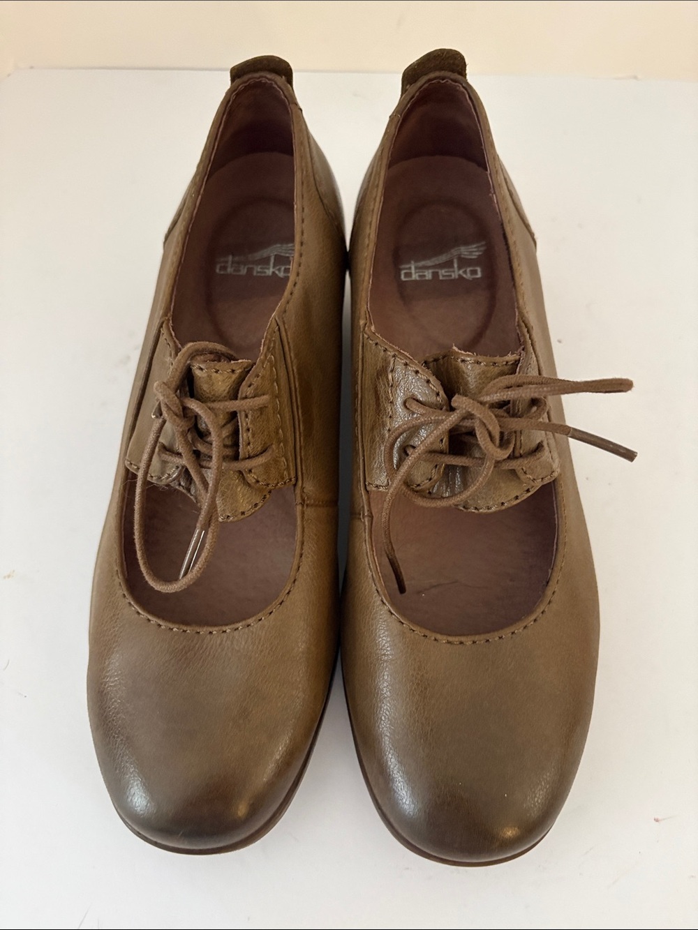 Dansko Larose Brown Leather Lace-Up Mary Jane Oxfords w/heel. 6.5/7. Great!